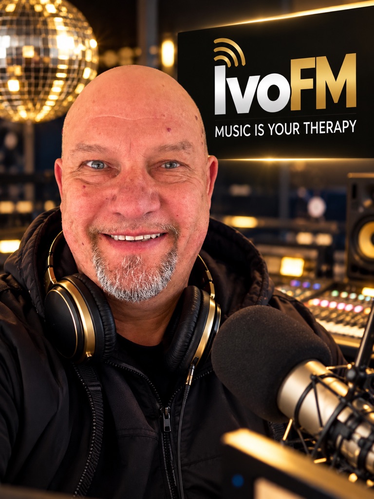 Ivo Draudiņš ar austiņām pie mikrofona IvoFM studijā.